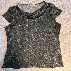 Kasper Floral Cowl Neck Cap Sleeve Pullover Blouse L Green Minimalist Work